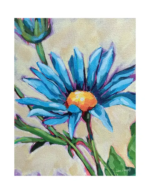 A blue flower with a golden center and green stems.