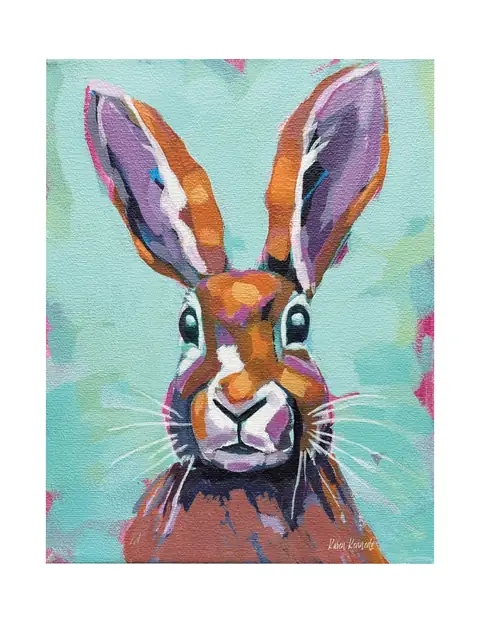 A brown rabbit with tall ears against a blue and green background.