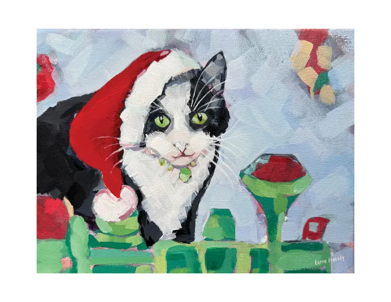 Art print titled Christmas Cat with Train by Karen.