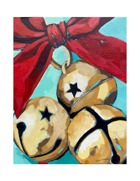 Golden Christmas bells tied with a red bow.