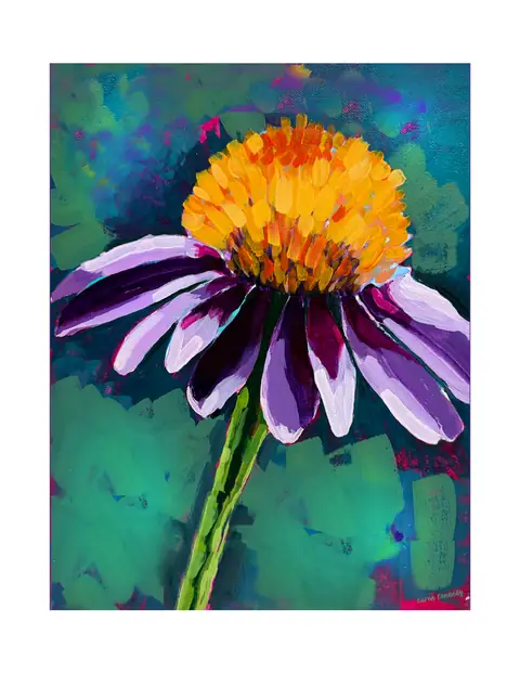 A purple flower with a bright orange center against a green background.