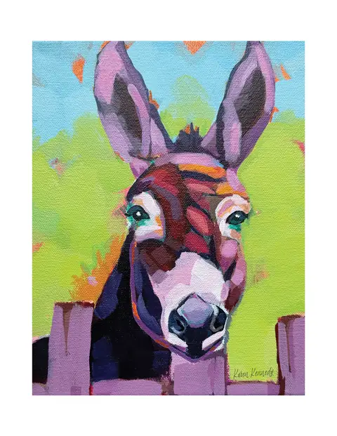 A donkey with tall ears against a bright green background.