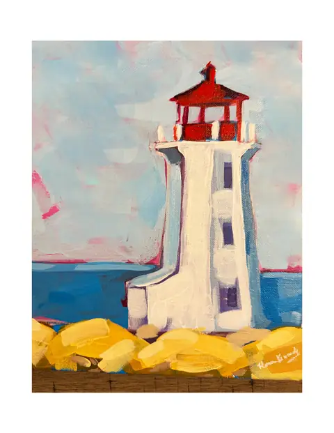 A white lighthouse with a red top beside blue water and yellow rocks.
