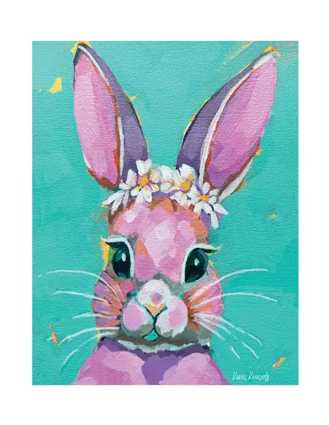 A pink rabbit wearing a flower crown against a turquoise background.