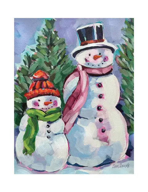 Two snowmen wearing hats and scarves among evergreen trees.