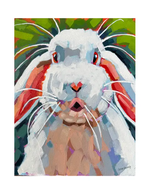 A white rabbit with pink ears against a colorful background.