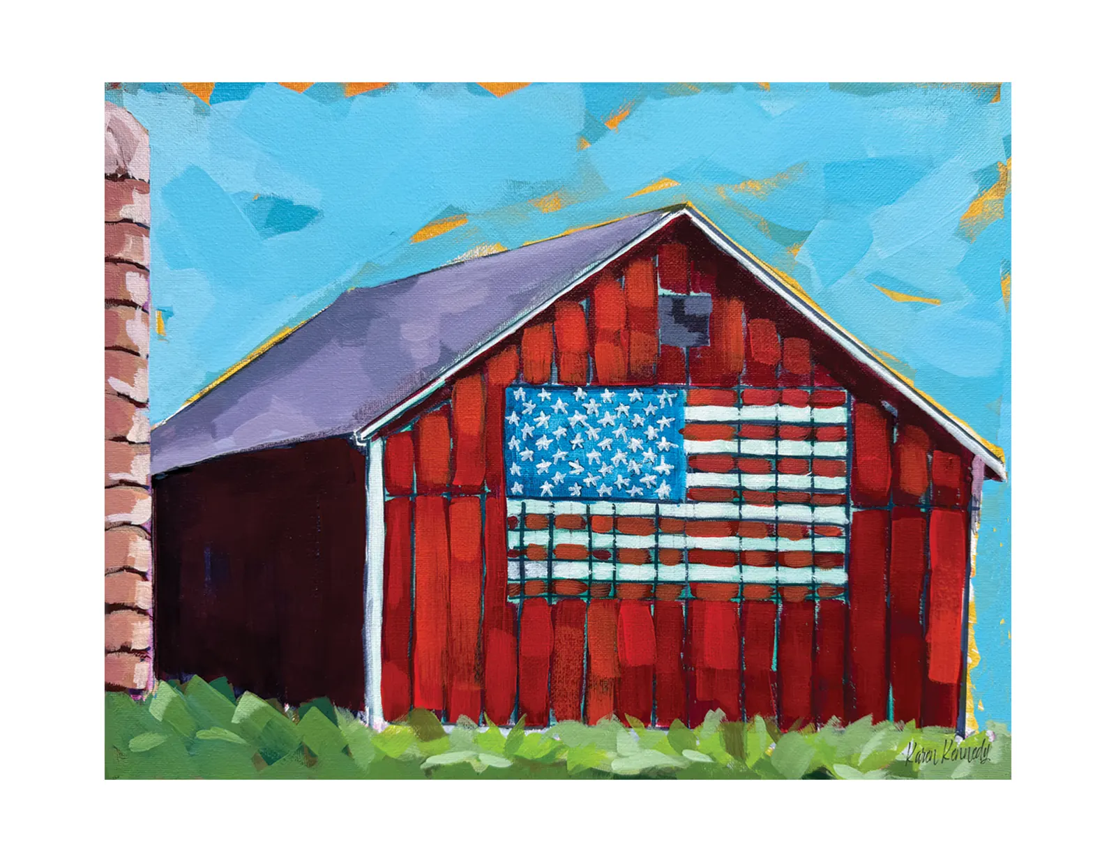 Unframed 11x14 signed acrylic painting titled Barn American Flag by Karen.
