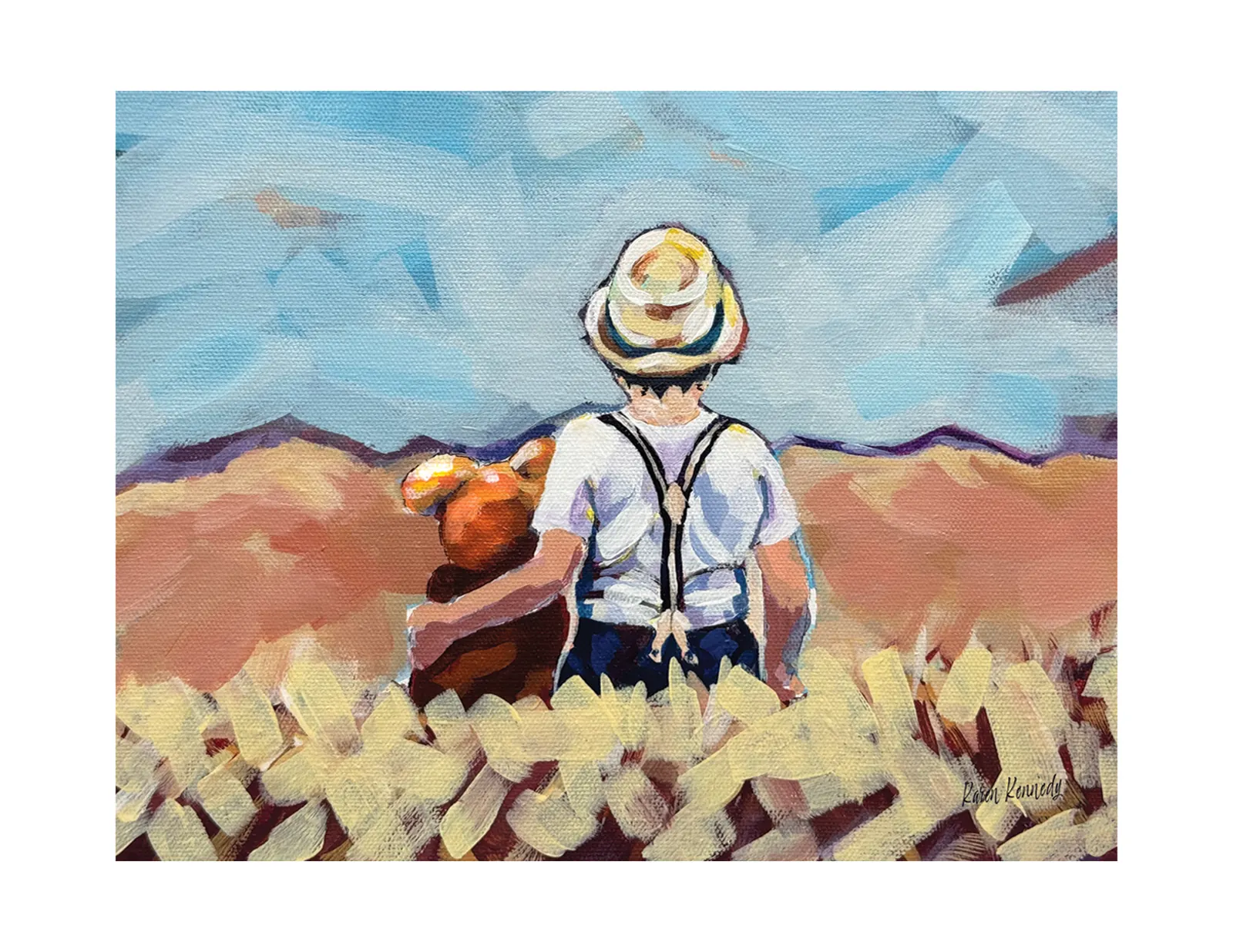 Unframed 11x14 signed acrylic painting titled Boy with Teddy Bear by Karen.