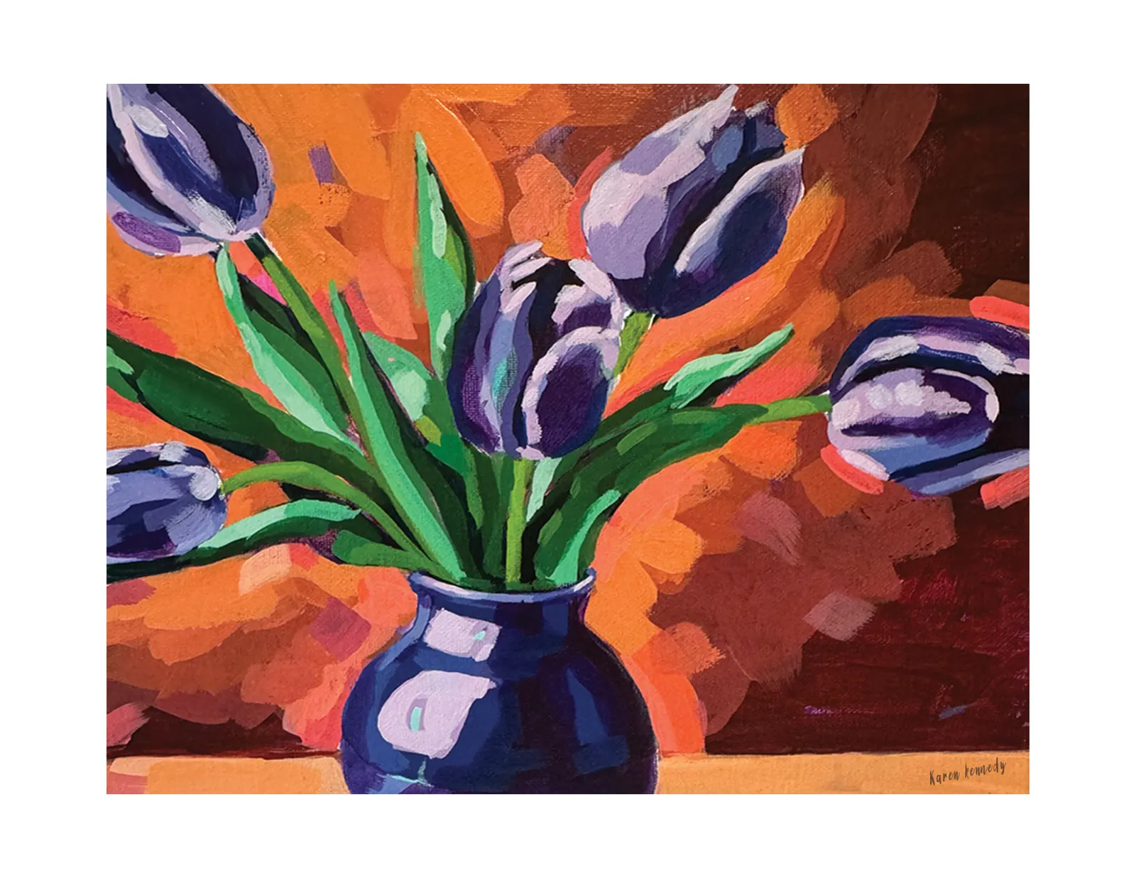 Unframed 11x14 signed acrylic painting titled Tulips in Vase by Karen.